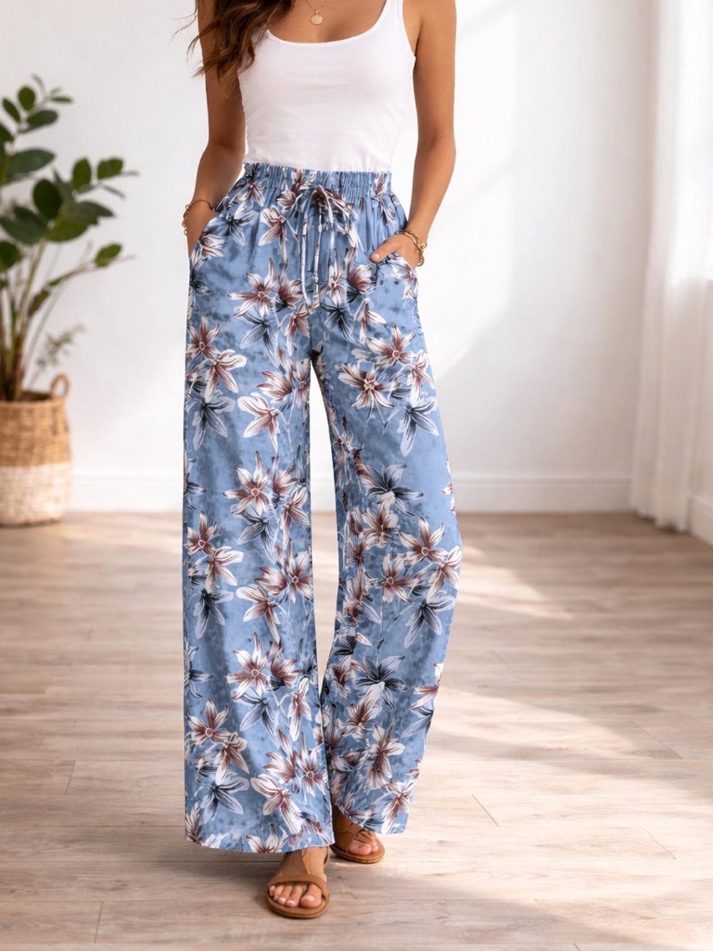 💚Light Blue Floral Wide-Leg Pants with Drawstring Waist